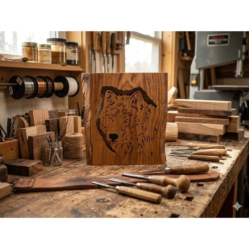 Artisan Wolf Head Wood Carving - Handcrafted Wildlife Decor.
